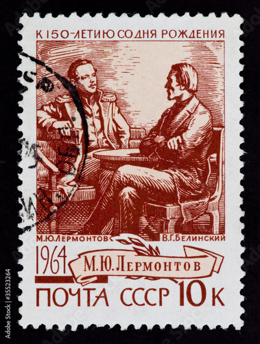 Postal stamp. M. Yu. Lermontov, V. G. Belinskii, 1964