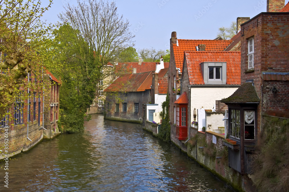 Classic view of channels of Bruges. Belgium.