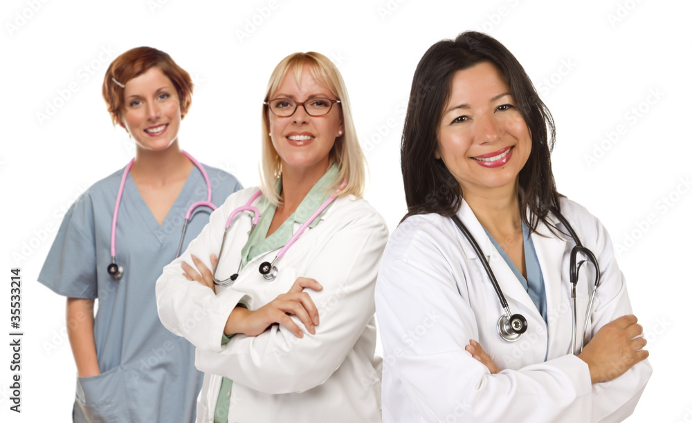 Fototapeta premium Three Female Doctors or Nurses on White