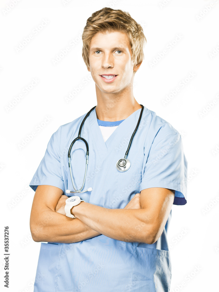 Young doctor isolated on white with a stethoscope Young doctor isolated on white with a stethoscope