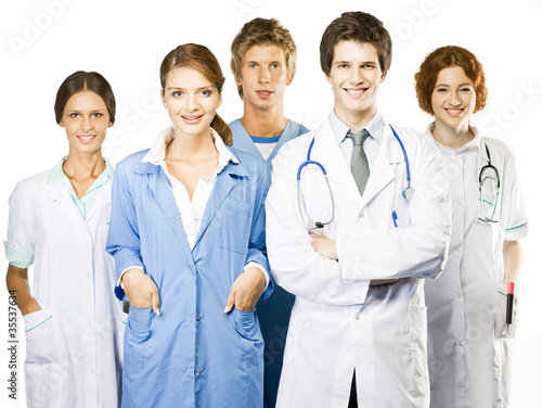 Group of smiling medical on white background
