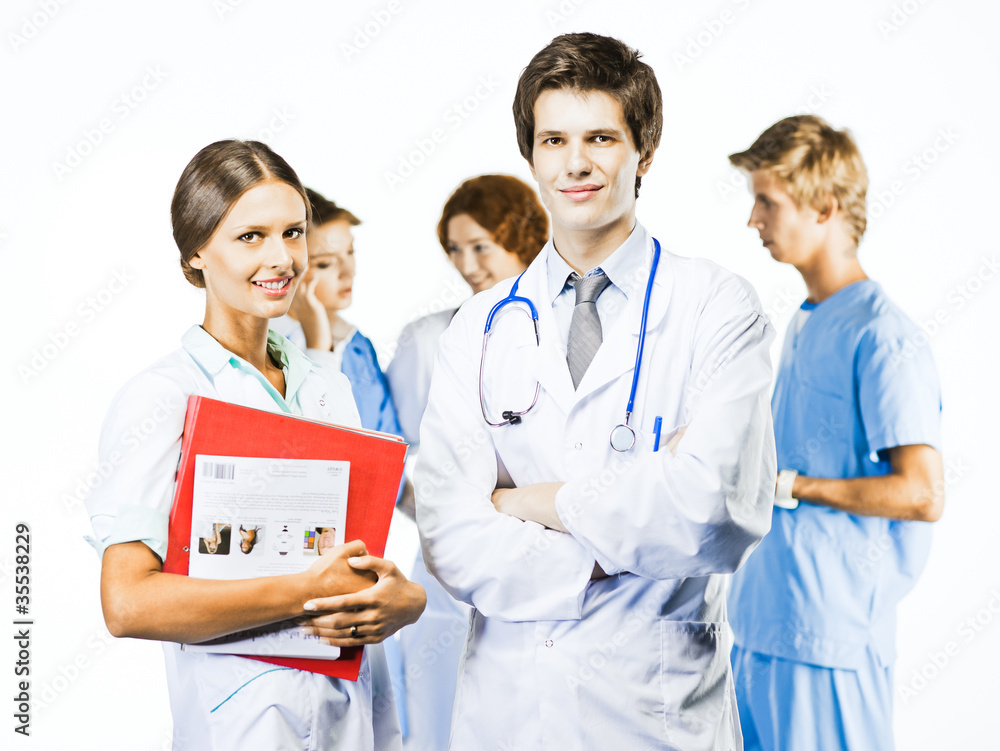 Group of smiling medical on white background Group of smiling medical on white background