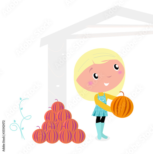 Thanksgiving cute Child with pumpkin heads isolated on white.