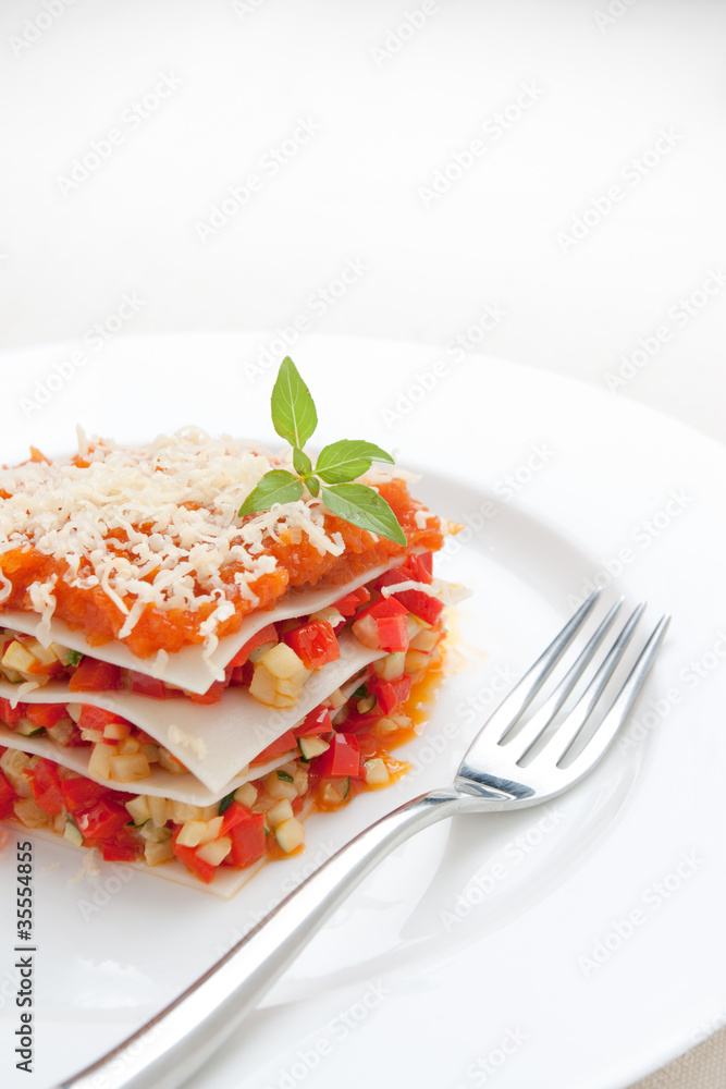 Vegetable lasagna, tomato and cheese