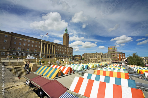 Shot of Norwich City hall and the rooftops of the Market photo