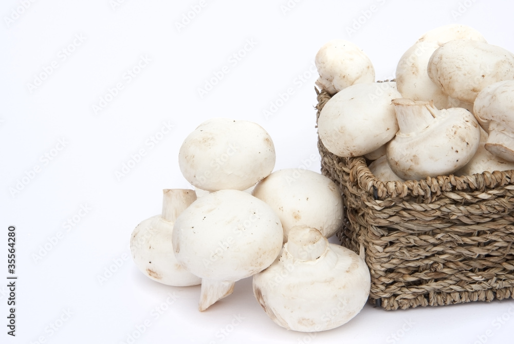 Fresh champignon mushrooms in rustic basket isolated on white Fresh champignon mushrooms in rustic basket isolated on white