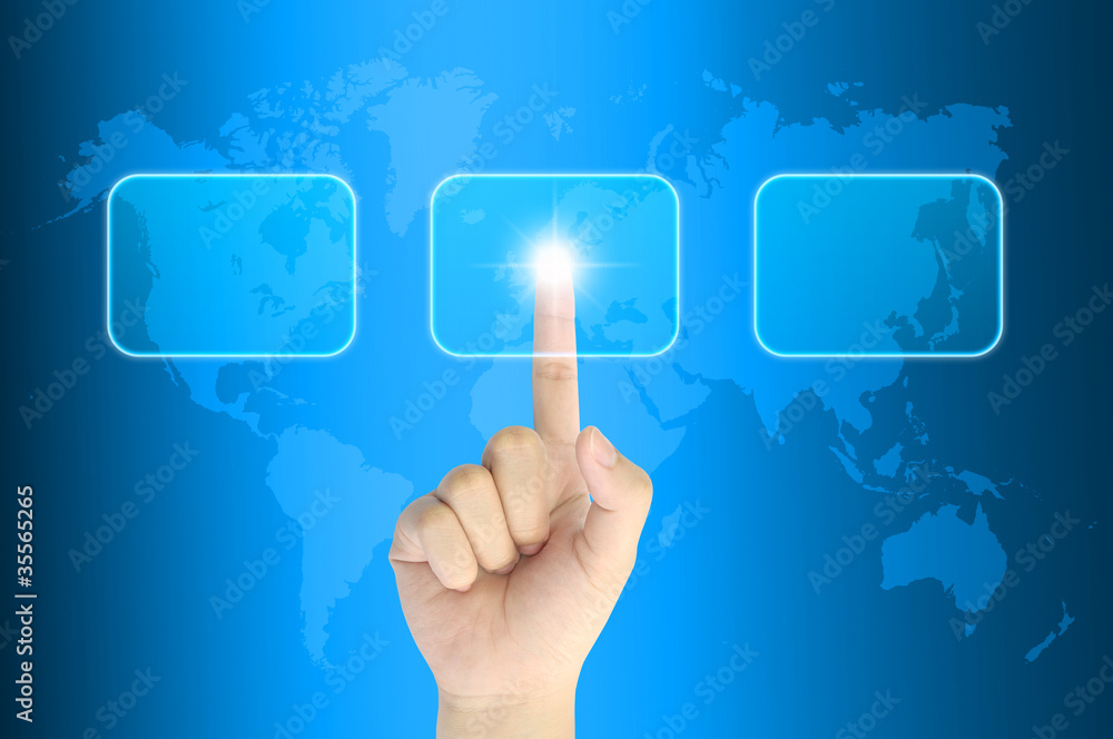 hand pushing a button on a touch screen interface hand pushing a button on a touch screen interface
