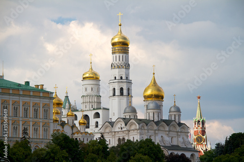 View of Moscow Kremlin with golden domes and Spasskaya tower