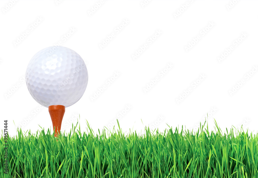 Golf ball on green grass over white background Golf ball on green grass over white background