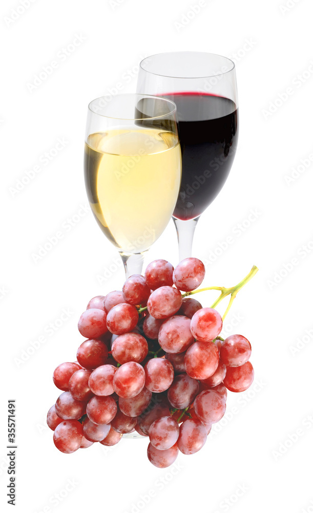 Wineglass with red and white wine and grape isolated on white Wineglass with red and white wine and grape isolated on white