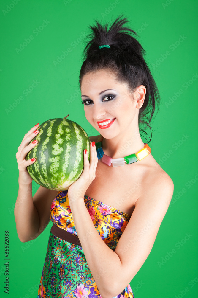 fashion woman with watermelon on the green background fashion woman with watermelon on the green background