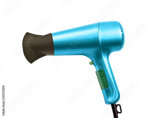 blue color hair dryer isolated on white background