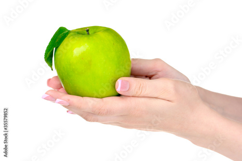 Woman hands holdig ripe organic apple isolated on white