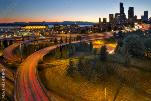 Foto Seattle Downtown Highway Traffic Light Trails