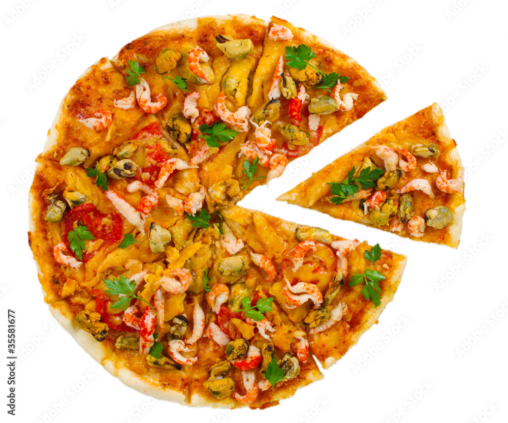 Delicious pizza with seafood isolated on white Delicious pizza with seafood isolated on white