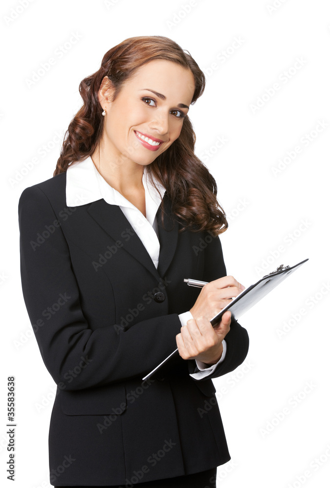 Businesswoman with clipboard writing, isolated Businesswoman with clipboard writing, isolated