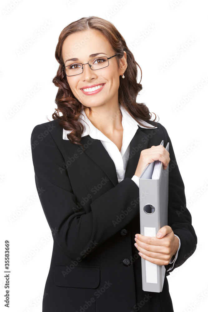 Businesswoman with grey folder, isolated Businesswoman with grey folder, isolated