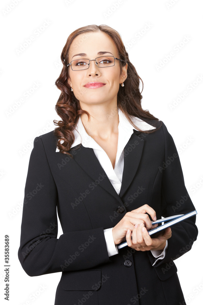 Businesswoman with notepad or organizer, isolated Businesswoman with notepad or organizer, isolated