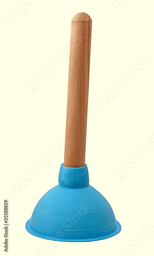 Bright blue sink or bath plunger isolated over white photo