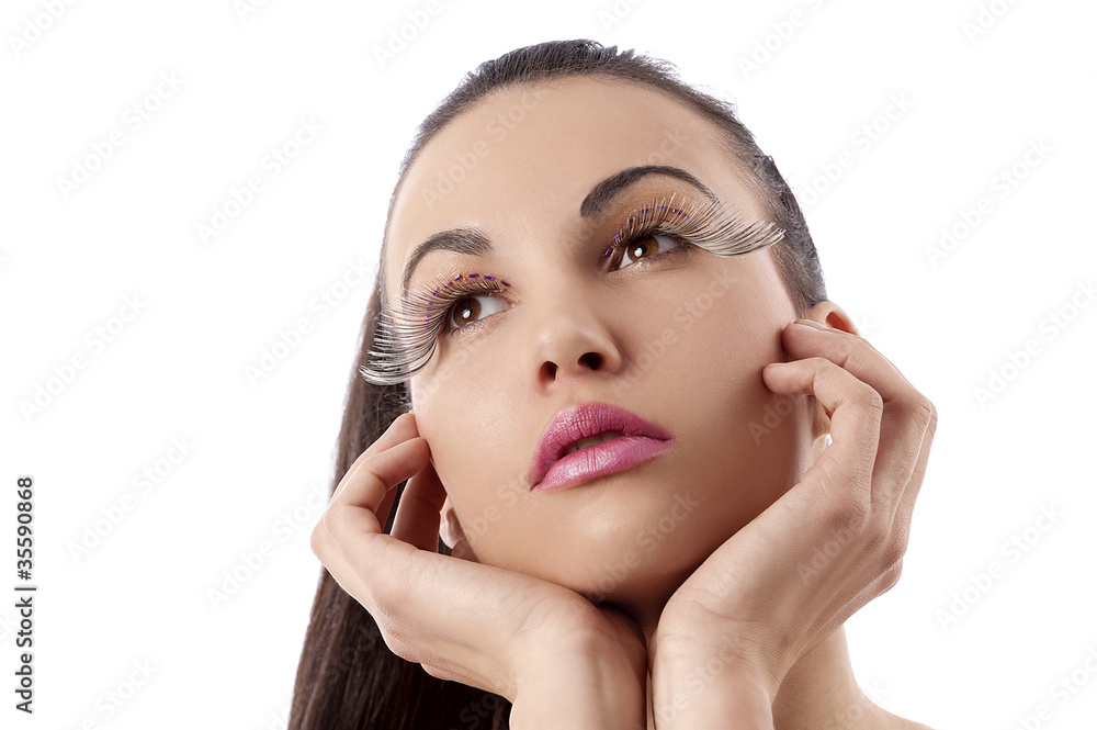 beauty shot of women with creative makeup with thinking pose