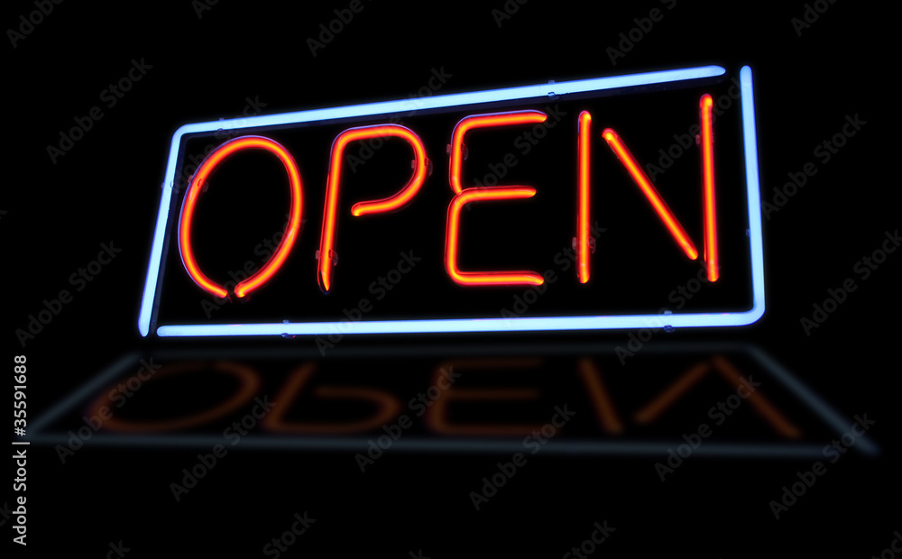 Open neon light sign with reflection