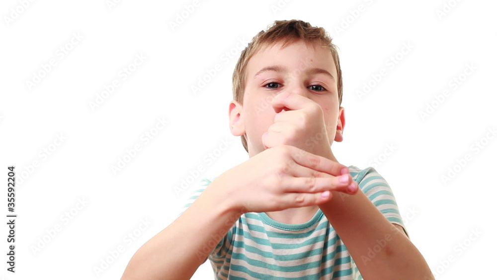 Boy shows focus with avulsion thumb of his hand Boy shows focus with avulsion thumb of his hand