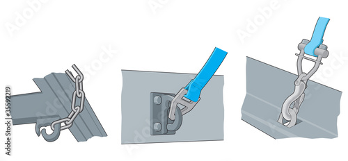 Lorry load securing straps and hooks