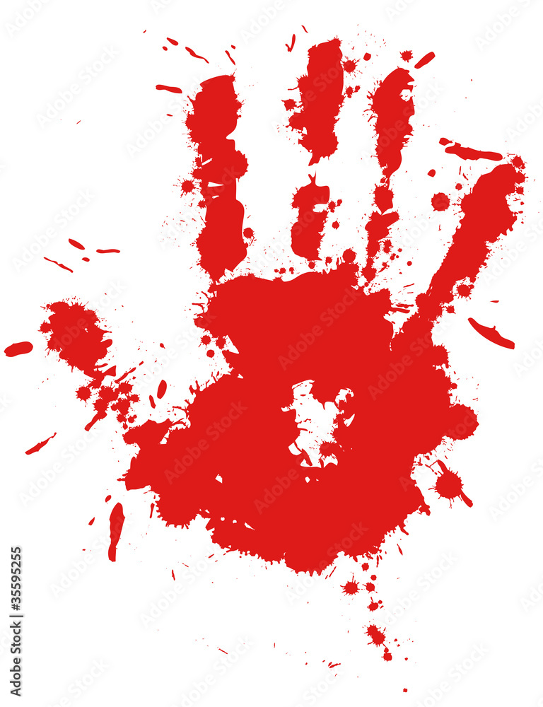 Red drop ink splatter hand print, blood splash vector.
