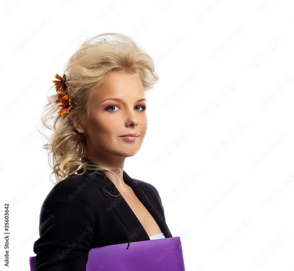 Business woman woman with flower in blond hair