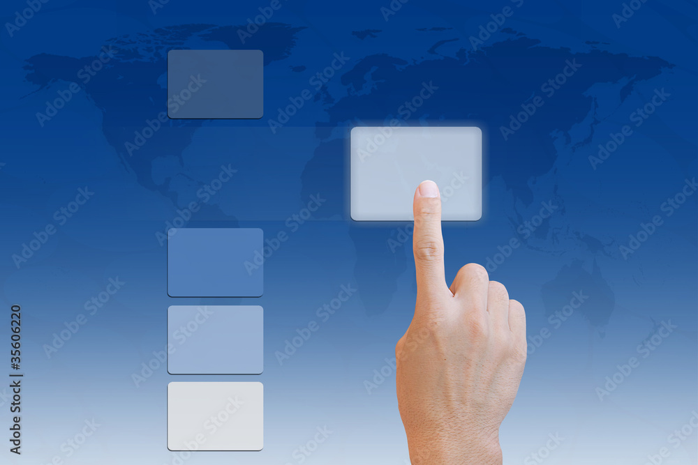 Hand pushing a button on touch screen interface Hand pushing a button on touch screen interface
