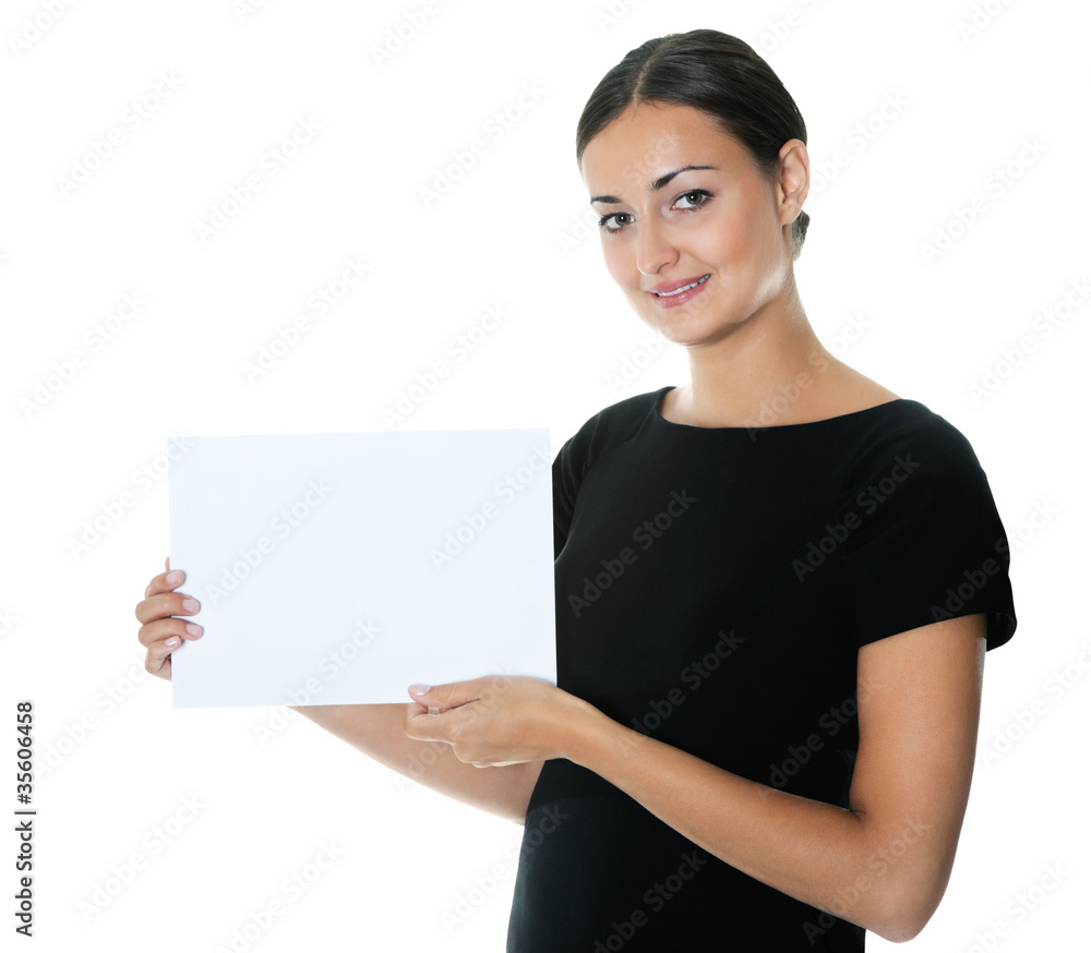 Pretty young lady holding a blank billboard Pretty young lady holding a blank billboard