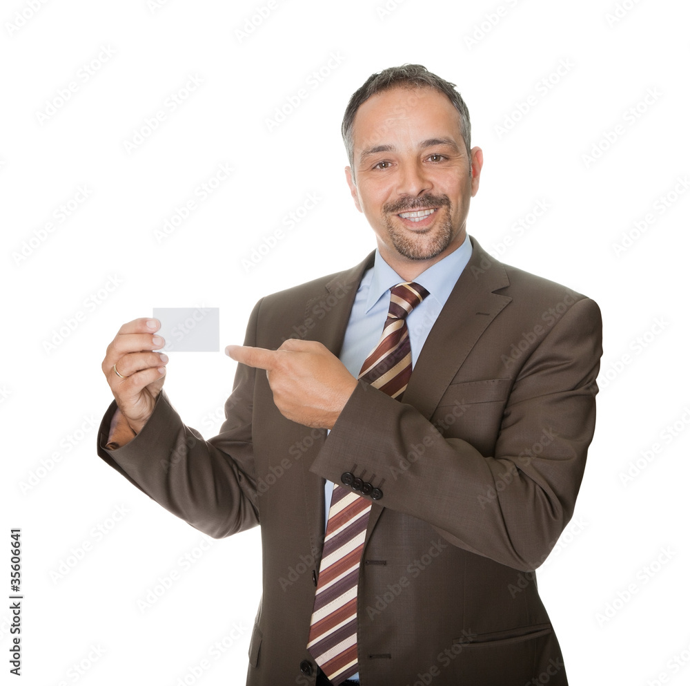 Happy executive showing a blank business card Happy executive showing a blank business card