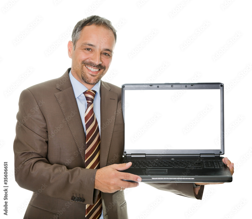 Confident marketing executive displaying a laptop Confident marketing executive displaying a laptop