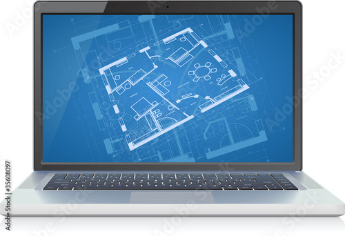 Laptop with blueprint
