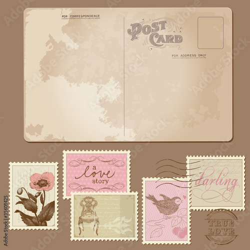 Vintage Postcard and Postage Stamps - for wedding design, invita