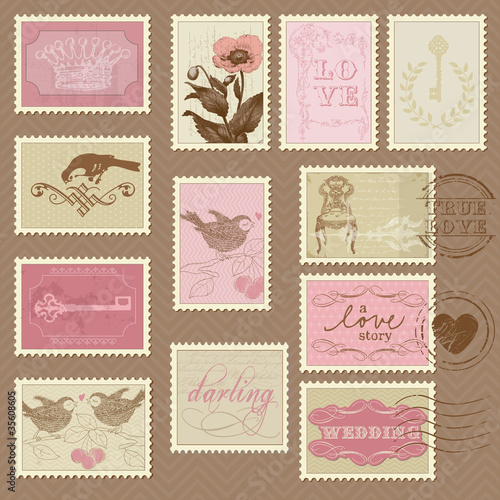 Retro Postage Stamps - for wedding design, invitation, congratul