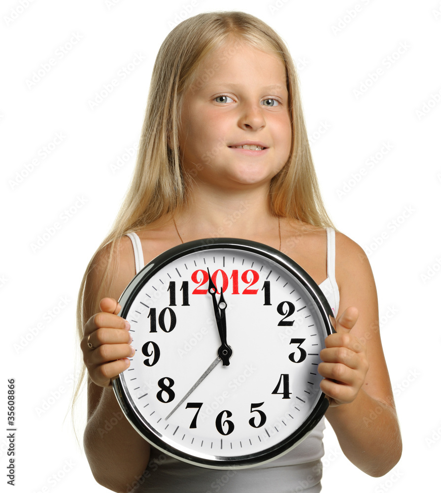 The girl hold in hands a big clock with figures 2012 The girl hold in hands a big clock with figures 2012