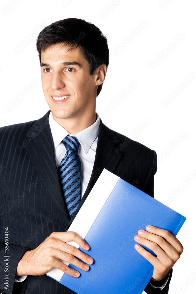 Portrait of businessman with blue folder, isolated