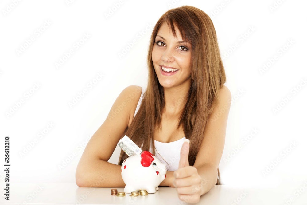Hübsches Mädchen mit Sparschwein Hübsches Mädchen mit Sparschwein