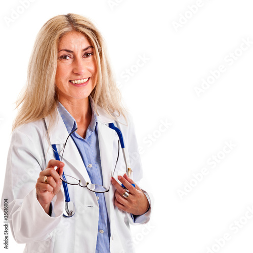 Smiling doctor holding glasses