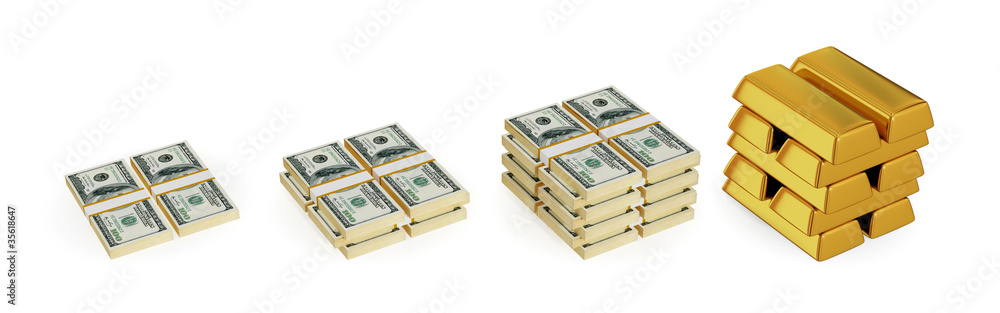 Dollar packs and gold bars. Dollar packs and gold bars.