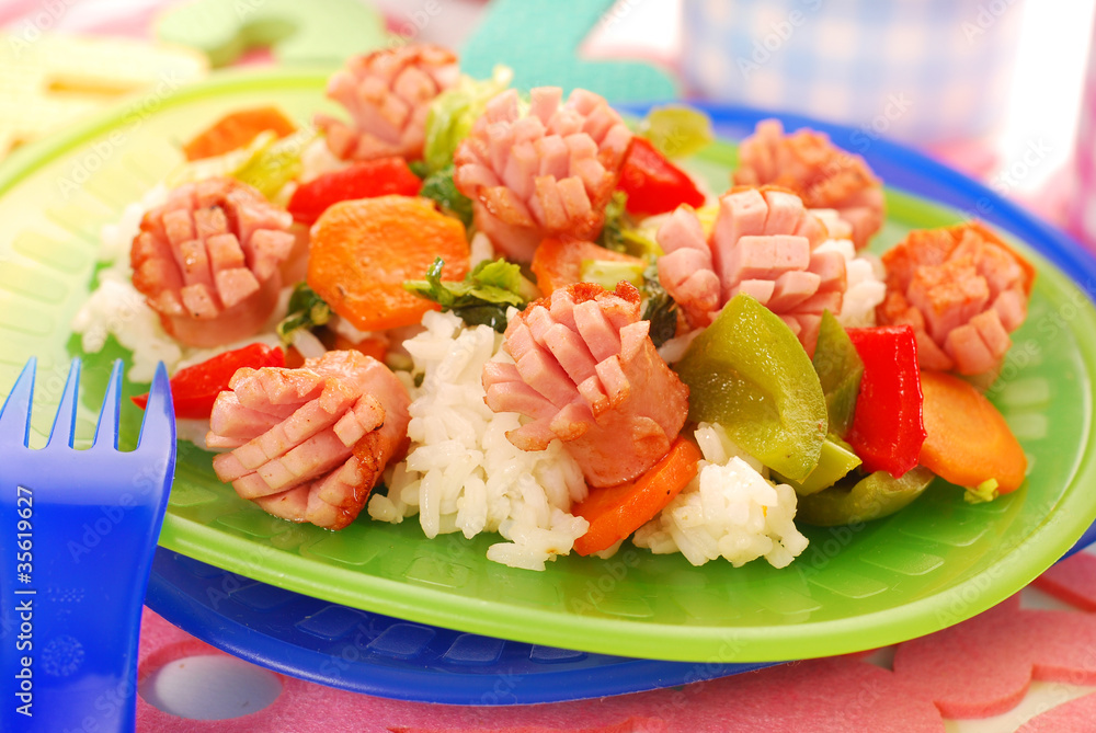 dinner with sausage,vegetables and rice for child dinner with sausage,vegetables and rice for child