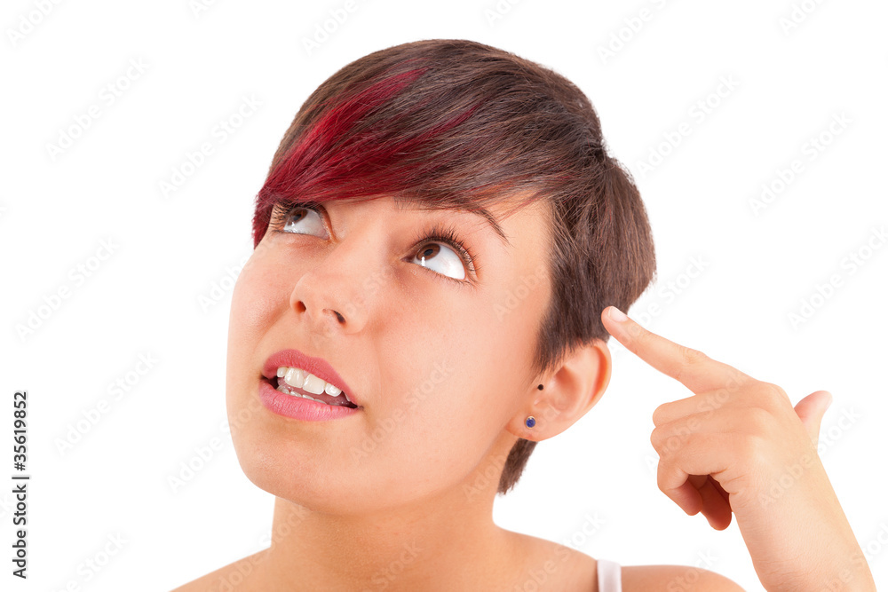Portrait of a young female thinking and pointing her head Portrait of a young female thinking and pointing her head