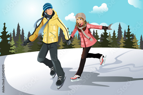 Young couple ice skating