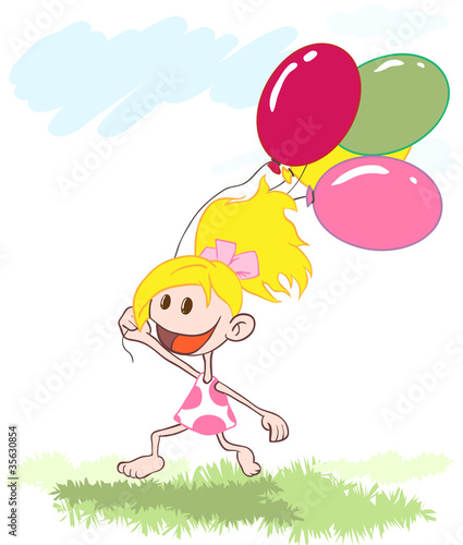 The little girl ran across the field with balloons