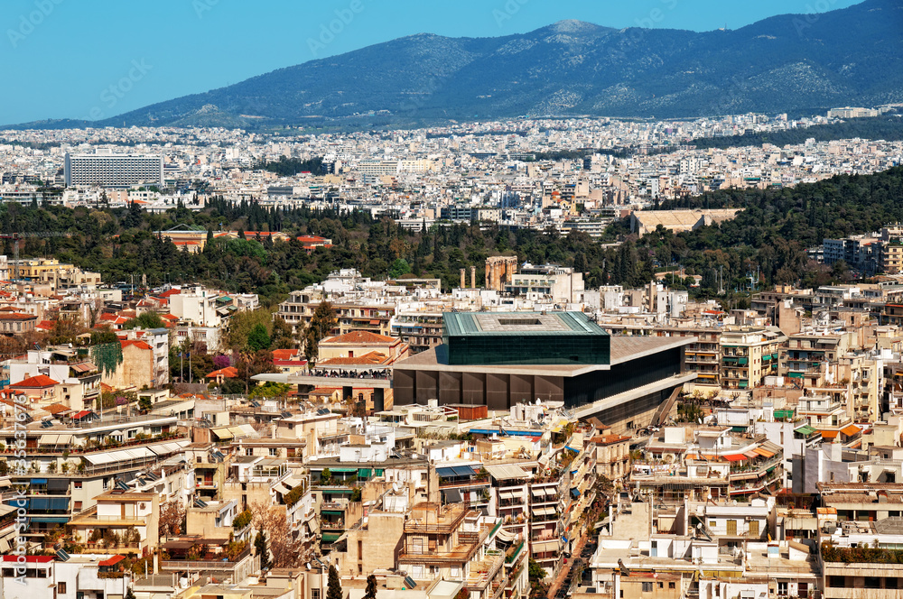 View of Athens including the New Acropolis Museum.