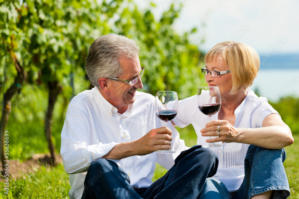 Glückliches Paar trinkt Wein am See im Sommer Glückliches Paar trinkt Wein am See im Sommer