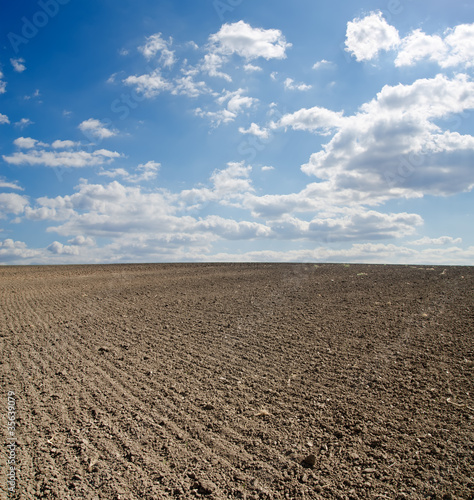 black ploughed field under blue sky