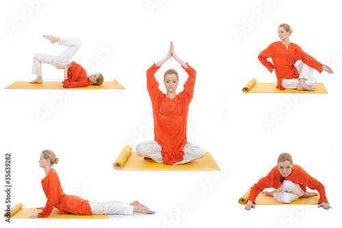 collage yoga photos. young woman doing yoga exercises photo
