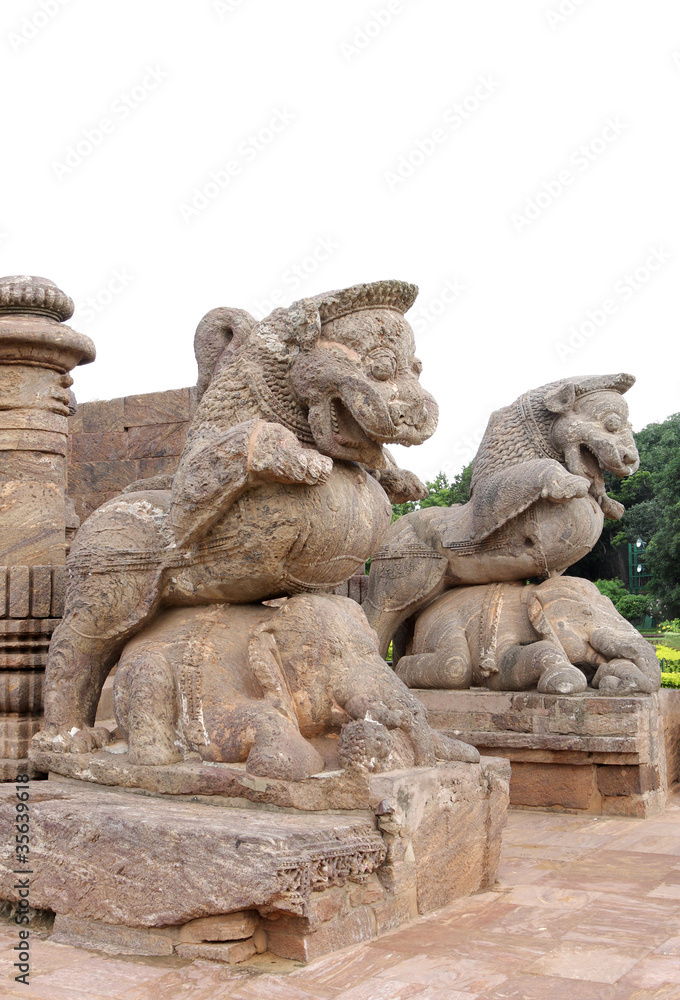 Giant lions crushing war elephants at the entrance of sun temple